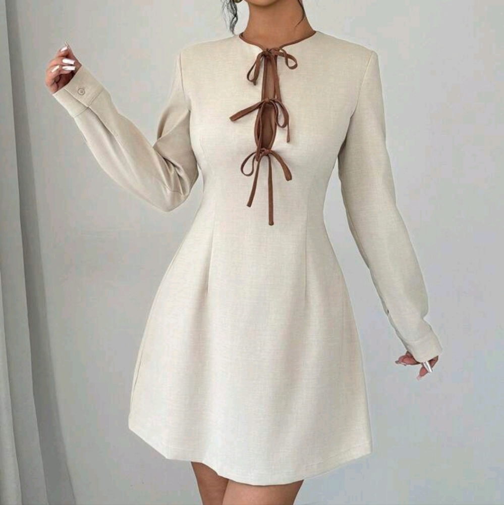 Women's Casual Color Block Drawstring Long Sleeve Dress, Spring/Fall - Picture 3 of 4
